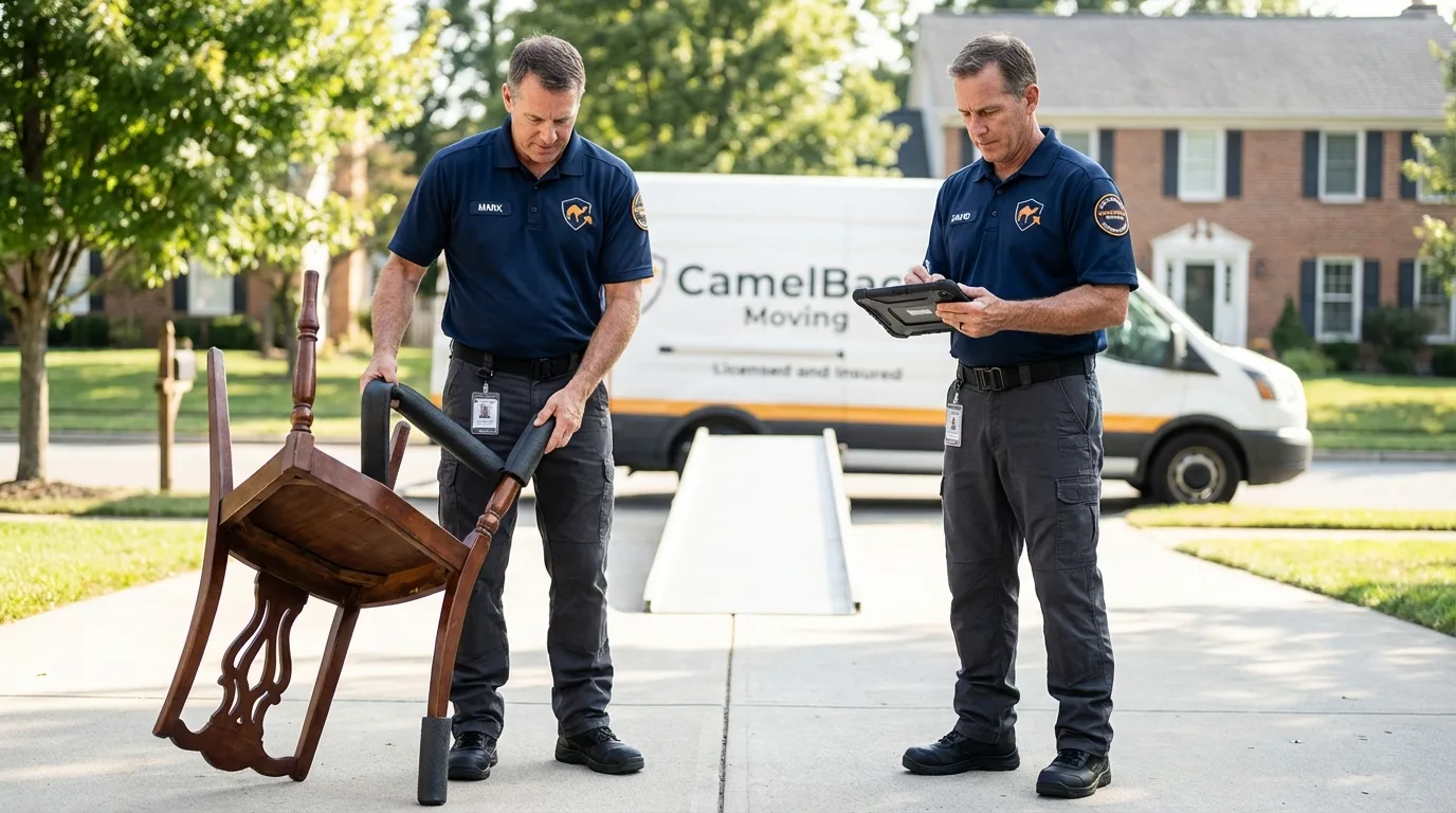 Movers inspecting furniture for damage prevention before loading in Dove Creek, CO