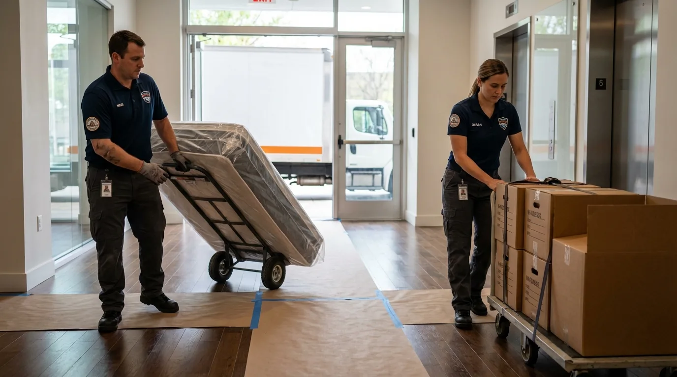 Professional apartment movers loading elevator in Dove Creek, CO