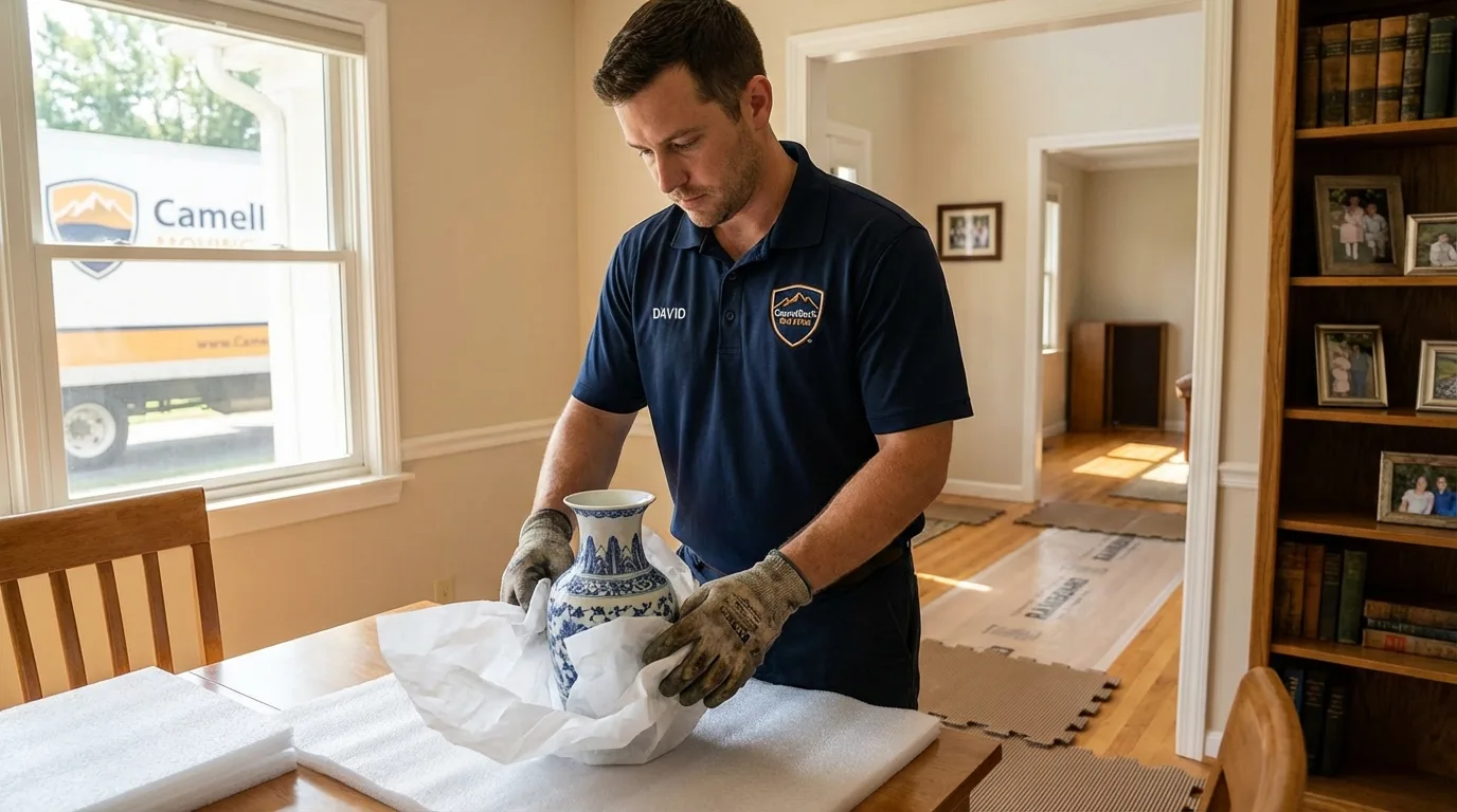 Professional crew carefully wrapping antique vase for senior downsizing move in Dove Creek, CO